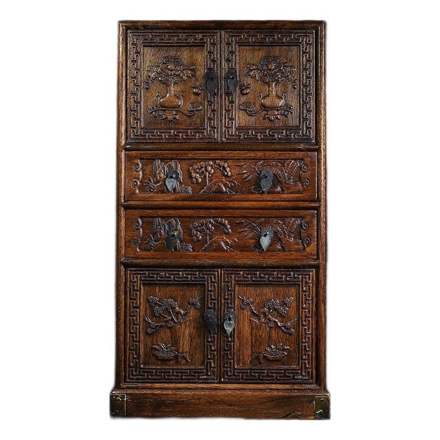 Vintage Huali Wood Miniature Cabinet With Drawers and Carved Doors For Sale