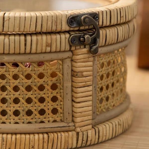 New Chinese Style Rattan Circular Glass Lid Storage Box | Chairish