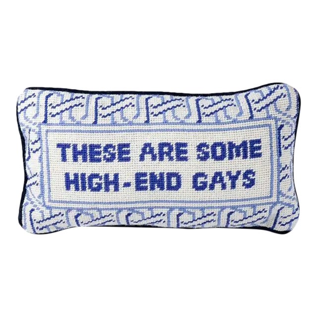 "High-End Gays" Needlepoint Decorative Throw Pillow For Sale