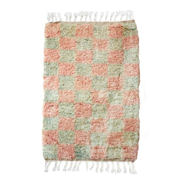 Coral and Celery Checker Mini Moroccan Wool Rug - 2x3 Ft For Sale In New York - Image 6 of 6