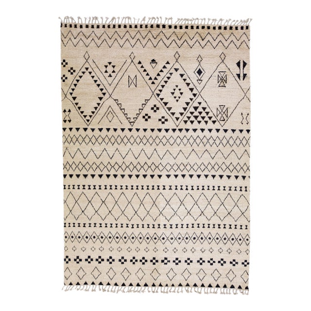 Contemporary Moroccan Style Handmade Tribal Beige Wool Rug For Sale