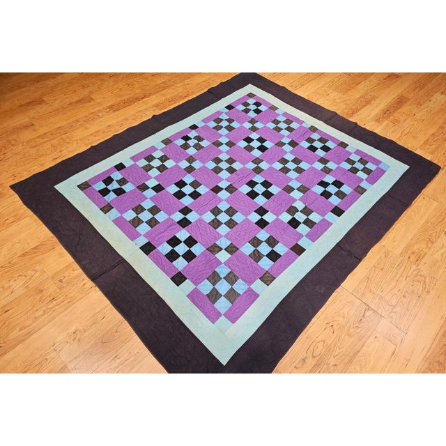 Vintage American Amish “Nine Patch” Hand-Stitched Patchwork Quilt, 67" X 80" For Sale In Chicago - Image 6 of 12