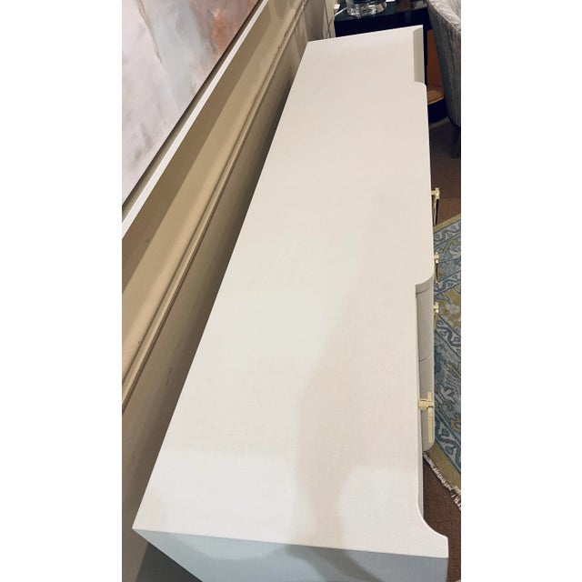 Modern Villa Home Modern Lacquered White Grasscloth Audrey Cabinet For Sale - Image 3 of 8