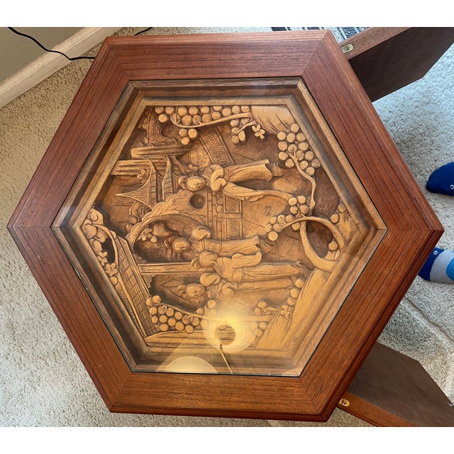 Coffee Chinese Carved Hexagonal End Table Cabinet With Glass Top For Sale - Image 8 of 9