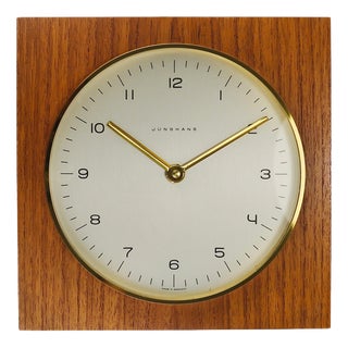 Max Bill Junghans Midcentury Square Wall Clock, Wood, Brass, Germany, 1960s attributed to Max Bill For Sale