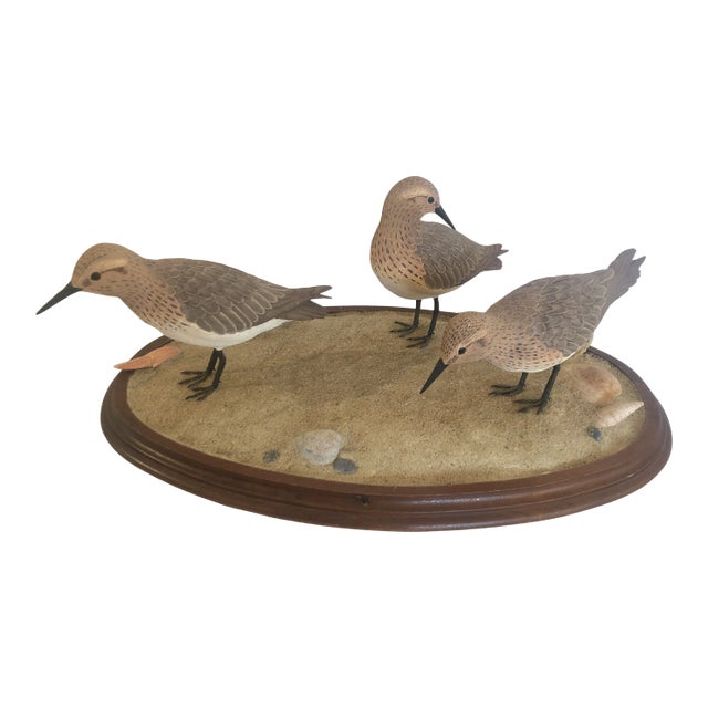 Nantucket Oval Tabletop Sculpture of Carved Wood Sandpipers on the Beach For Sale