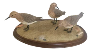 Nantucket Oval Tabletop Sculpture of Carved Wood Sandpipers on the Beach