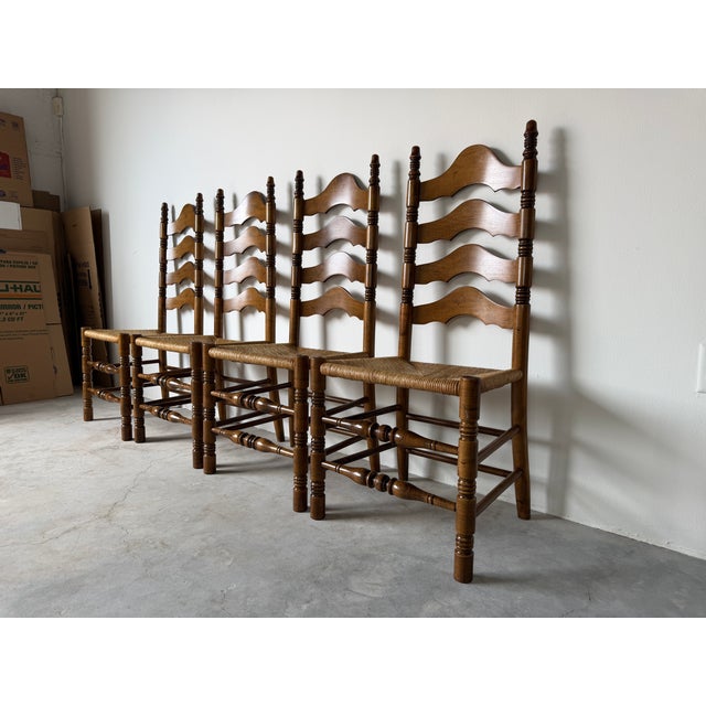1970s Vintage French Country Style Tall Ladder Back Rush Seat Dining Chairs – Set of 4 For Sale - Image 5 of 18