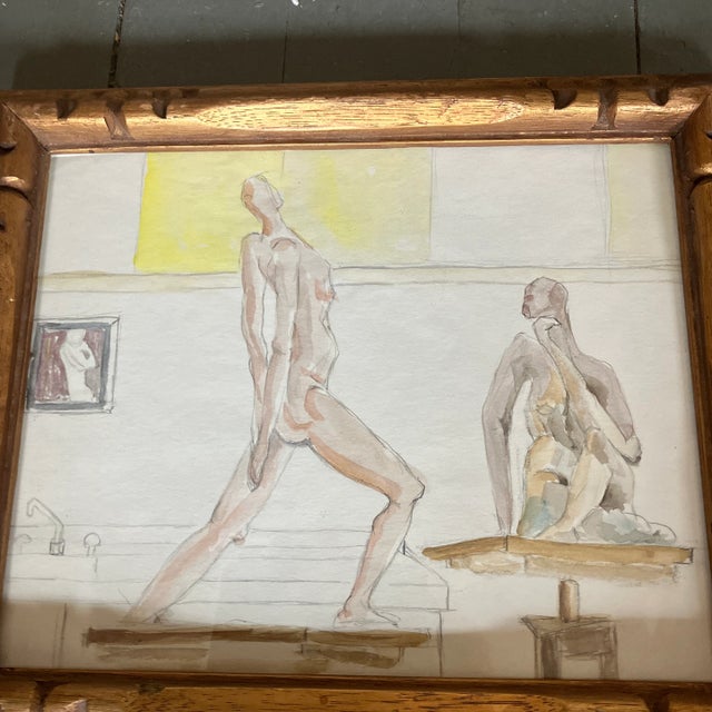 Original 8 x 10 pencil drawing/watercolor painting on paper unsigned study Overall size with carved wood frame is 10.25 x...