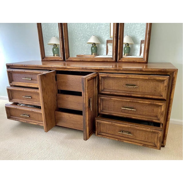 Brown Mid-Century Modern Faux Bamboo Dresser With Mirror - Refinished For Sale - Image 8 of 9