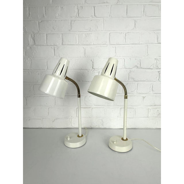 Mid-Century Modern Adjustable White Lacquered Steel and Brass Desk Lamps from BJS, Sweden, 1960s, Set of 2 For Sale - Image 3 of 17