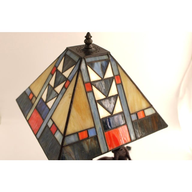 Brown Remington Bronze "The Outlaw" Table Lamp W/ Stained Glass Shade in Mission Style For Sale - Image 8 of 13