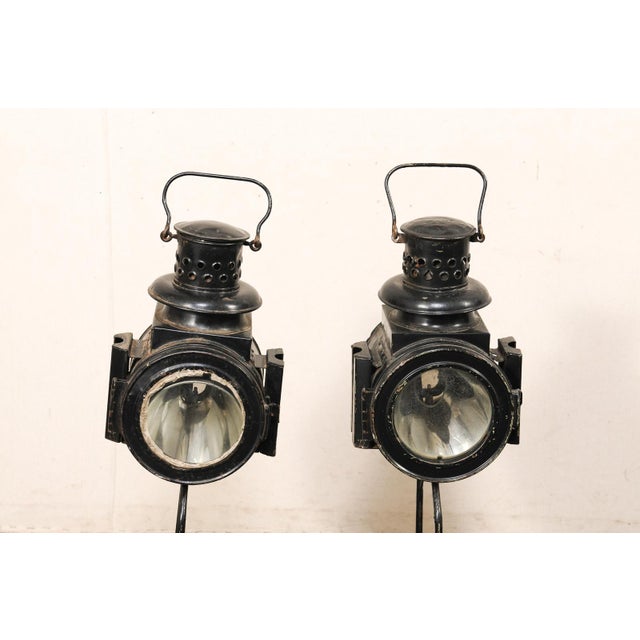 Black English Antique Pair of Railroad Lanterns For Sale - Image 8 of 11