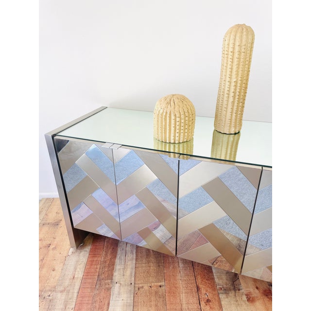Silver Vintage 1970s Ello Mirror & Brushed Metal Metal Mid Century Modern 5 Door Credenza Cabinet For Sale - Image 8 of 15