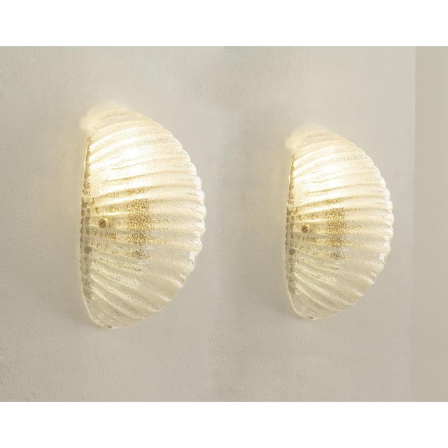 Set of 2 clear murano glass shell wall sconce with brass frame, made in italy lighting dimensions: w 12 cm x h 24 cm x d...