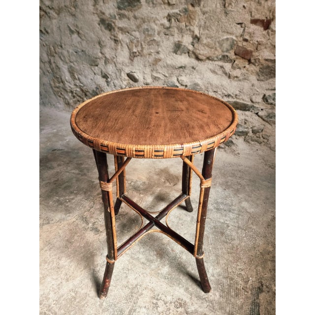 Brown Mid-Century Round Bamboo and Wood Side Table, 1960s For Sale - Image 8 of 11
