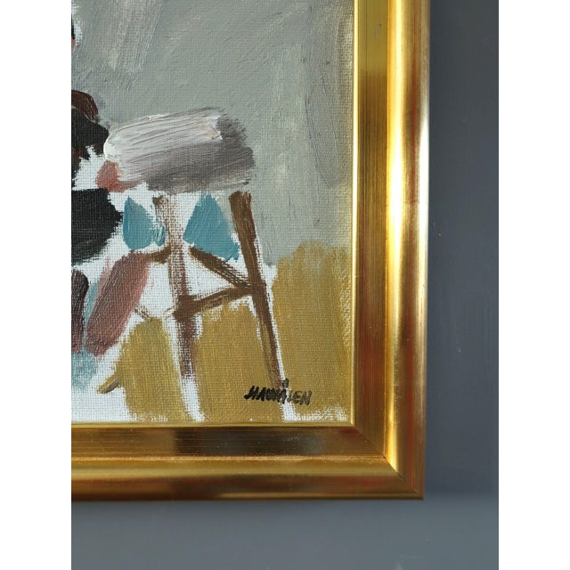 Teal Mid-Century Modern 'The Craft of Two' Vintage Original Figurative Oil Painting, Framed For Sale - Image 8 of 12