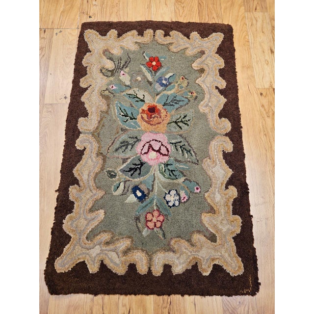 Textile Vintage Hand-Hooked Rug, Banded Floral Pattern, Wool & Cotton, American Folk Art, 2x3 For Sale - Image 7 of 15