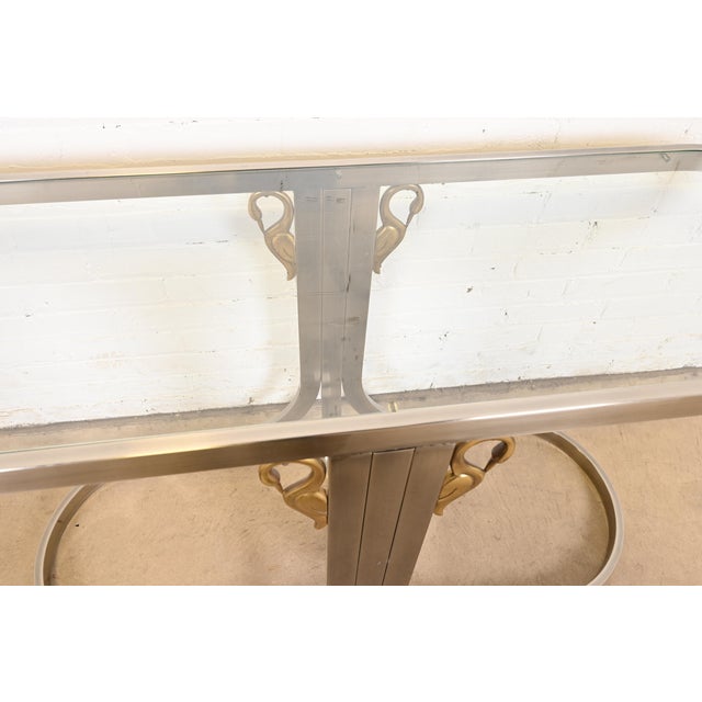 Silver Design Institute America Modern Brushed Steel and Brass Glass Top Swan Console Table For Sale - Image 8 of 12