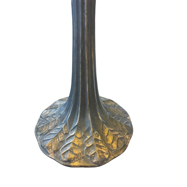 Glass Late 20th Century Art Nouveau Style Stained Glass Table Lamp With Floral Shade & Cast Leaf Base For Sale - Image 7 of 7