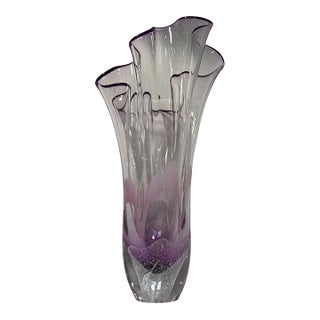 11 3/4 In. Vintage 24 % Lead Crystal Amethyst Purple Art Glass Handkerchief Ruffle Vase For Sale