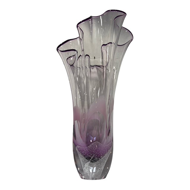 11 3/4 In. Vintage 24 % Lead Crystal Amethyst Purple Art Glass Handkerchief Ruffle Vase For Sale