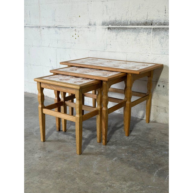 Brown Oak Ceramic Tile-Top Nesting Tables Set of 3 Brown Scenic Windmill Motif Vintage For Sale - Image 8 of 11