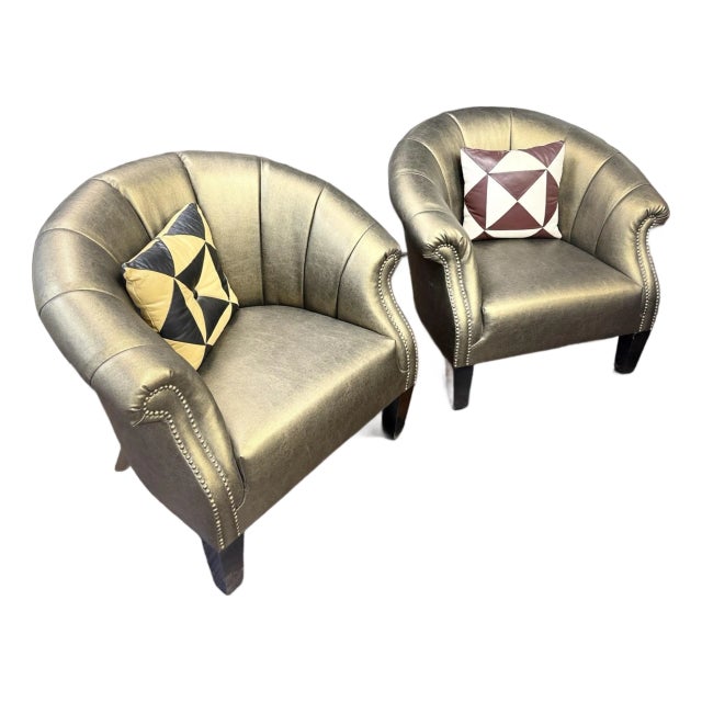 Pair of Pacific Design Center Deep Forest Moss Bronze Leather Barrel Armchairs For Sale