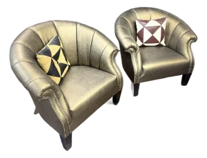 Pair of Pacific Design Center Deep Forest Moss Bronze Leather Barrel Armchairs