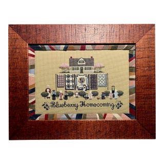 Vintage Cross Stitch Amish Art "Blueberry Homecoming" Framed With Museum Glass For Sale