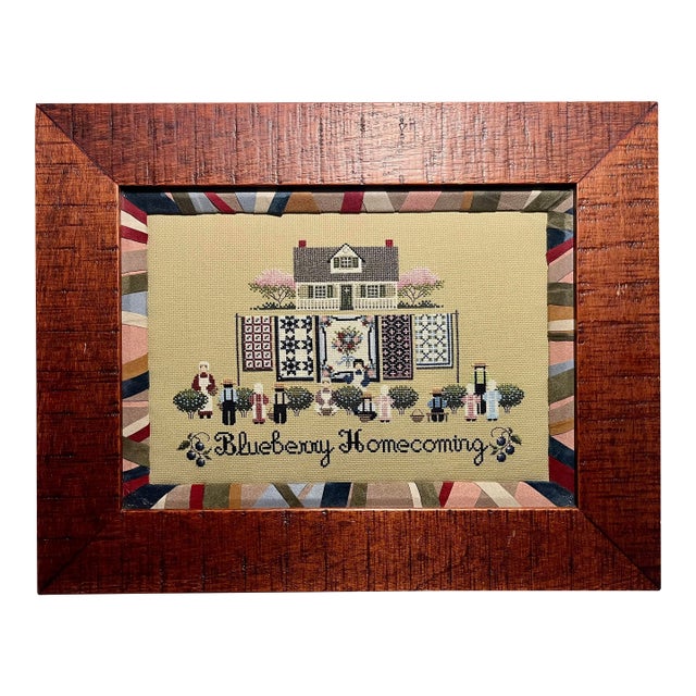 Vintage Cross Stitch Amish Art "Blueberry Homecoming" Framed With Museum Glass For Sale