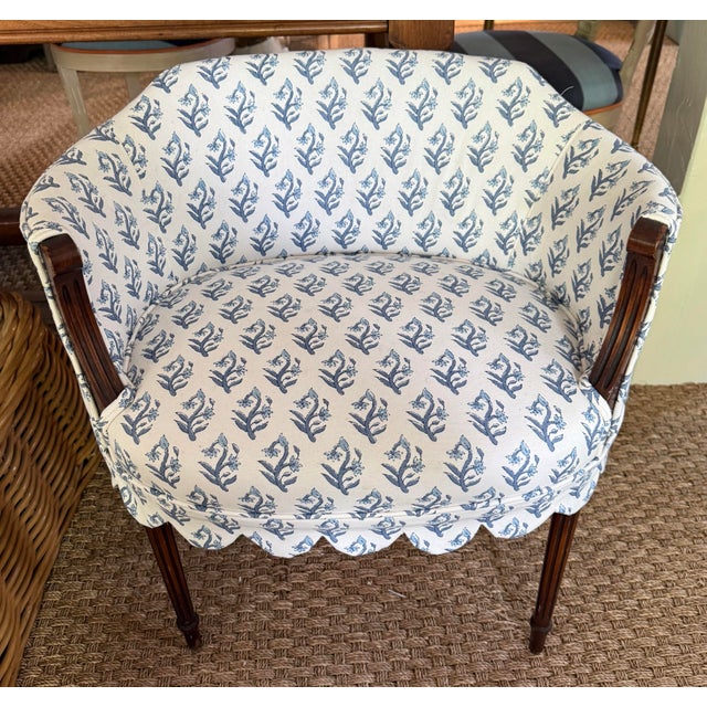 One of a kind! Charming vintage barrel back vanity chair featuring new upholstery in a great blue and white wood block...