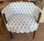 One of a kind! Charming vintage barrel back vanity chair featuring new upholstery in a great blue and white wood block...