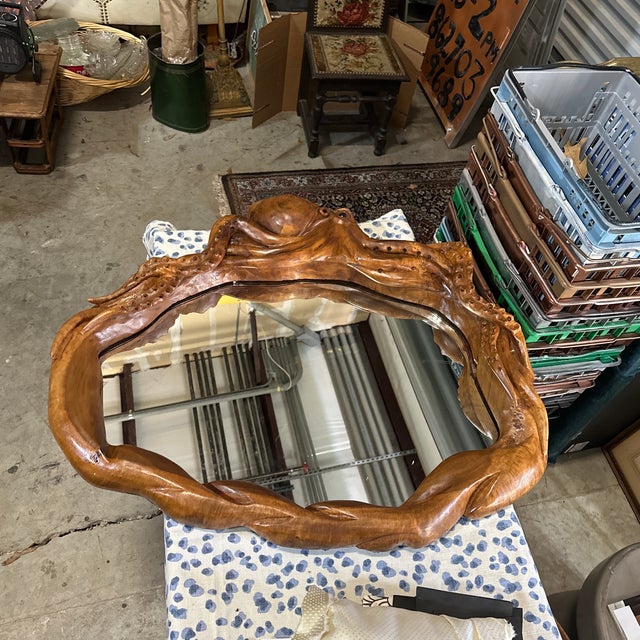 Wood 1970s Medium Size Intricate Octopus Hand Carved Wooden Mirror For Sale - Image 7 of 12