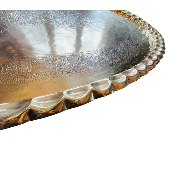 Metal 56” Large Oval Etched Brass Hammered Tray With Scalloped Edge For Sale - Image 7 of 12