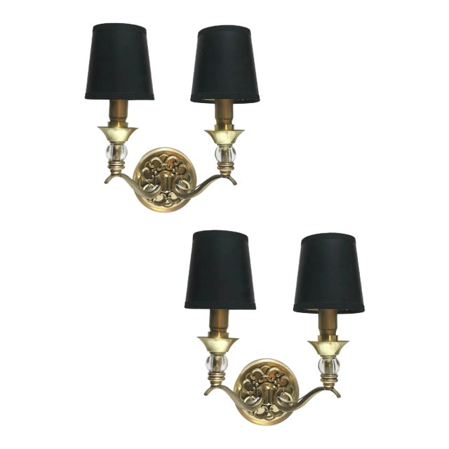 1950s Mid-Century Modern Maison Lunel Brass and Glass Sconces - a Pair For Sale