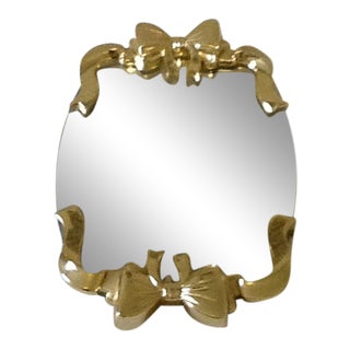 1980's Vintage Vanity Oval Mirror Tray With Gold Bow Handles For Sale