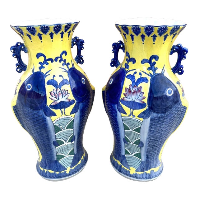 Blue & Yellow Koi Fish Jiaqing Vase-A Pair For Sale