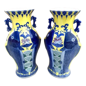 Blue & Yellow Koi Fish Jiaqing Vase-A Pair