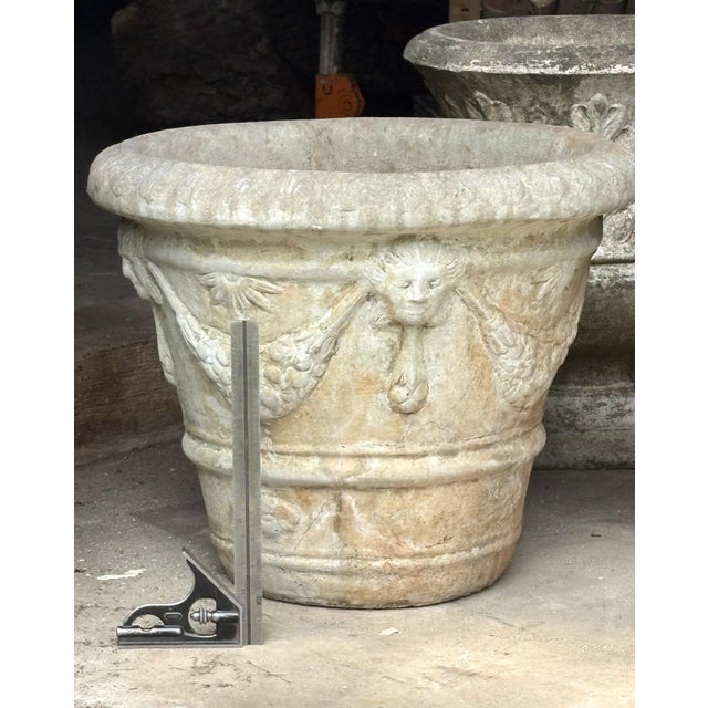 Mid 20th Century Pair of Neoclassical Cast Stone Garden Urns With Mask and Garland Motifs For Sale - Image 13 of 13