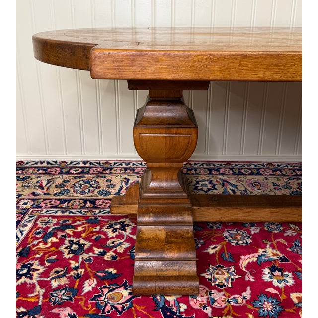 Antique French Country Dining Table Farmhouse Pedestal Trestle Honey Oak 1930s For Sale - Image 14 of 18