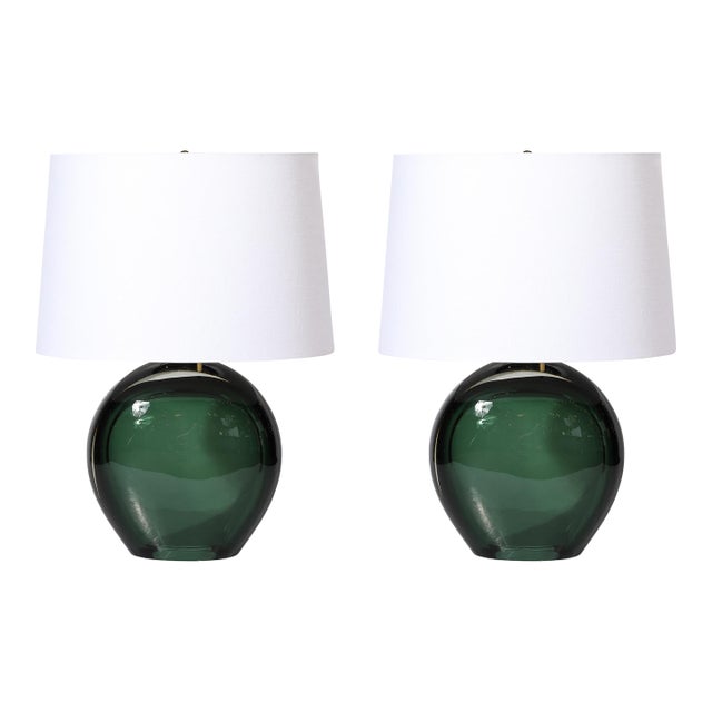 Modernist Handblown Smoked Viridian Green Murano Glass & Brass Table Lamps For Sale