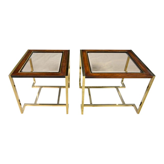 Modern Brass Plated Dark Wood & Smoked Glass Rectangle End Tables 2 Sizes by Thomasville Furniture Ind., Style of Milo Baughman - a Pair For Sale