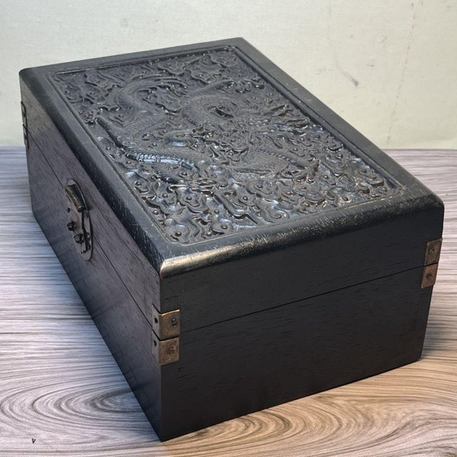 Wood Carved Blood Sandalwood "Dragon Chasing Pearl" Jewelry Box / Keepsake Chest For Sale - Image 7 of 9