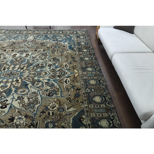 1970s Vintage Persian Handmade Wool Cotton Green Blue Area Rug For Sale - Image 10 of 11