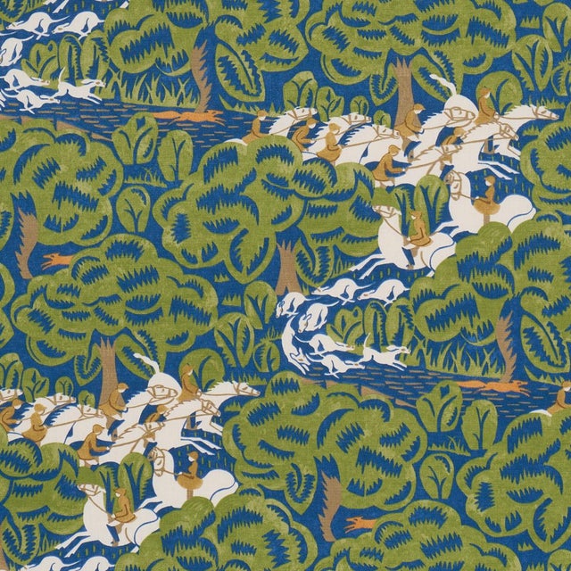 SAMPLE - Schumacher X The New Yorker Margaret Schloeman's Fox Chase Fabric In Navy & Green For Sale