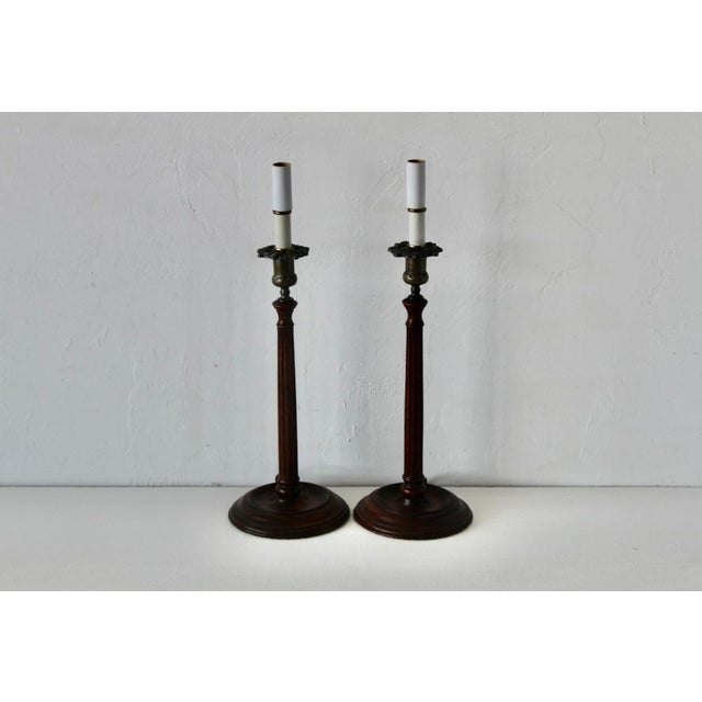 Late 20th Century Georgian Style Mahogany Brass Candlestick Table Lamps - a Pair For Sale - Image 4 of 18