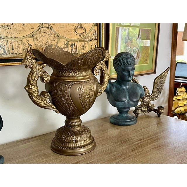 Vintage Brass Urn Vase With Dragon Handles For Sale In Milwaukee - Image 6 of 12