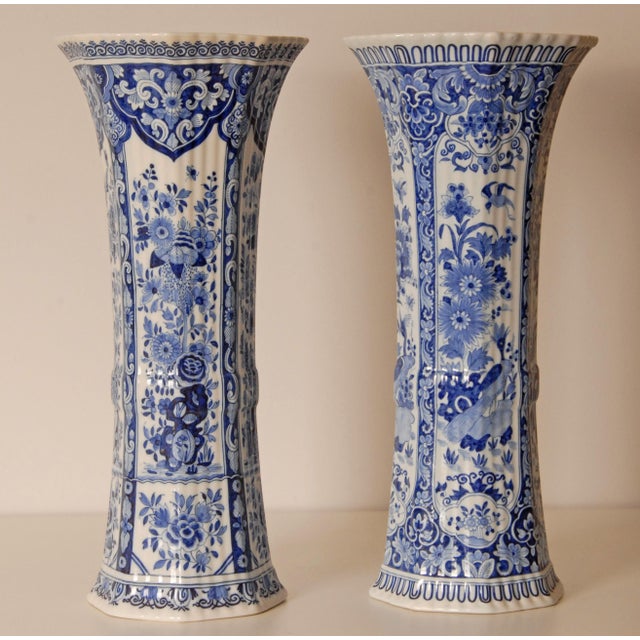 Antique Pair of Delft Blue & White Trumpet Vases For Sale - Image 6 of 12