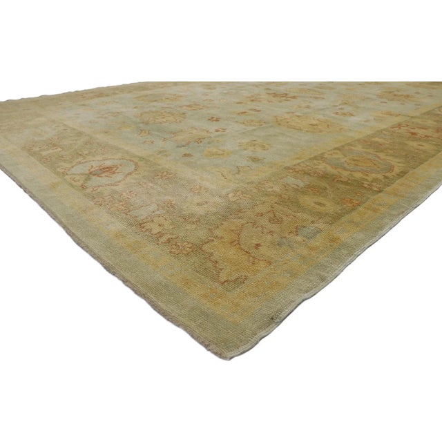 Contemporary Turkish Oushak Rug with Modern Style 10'06 x 15'05. Blending elements from the modern world with a tranquil...